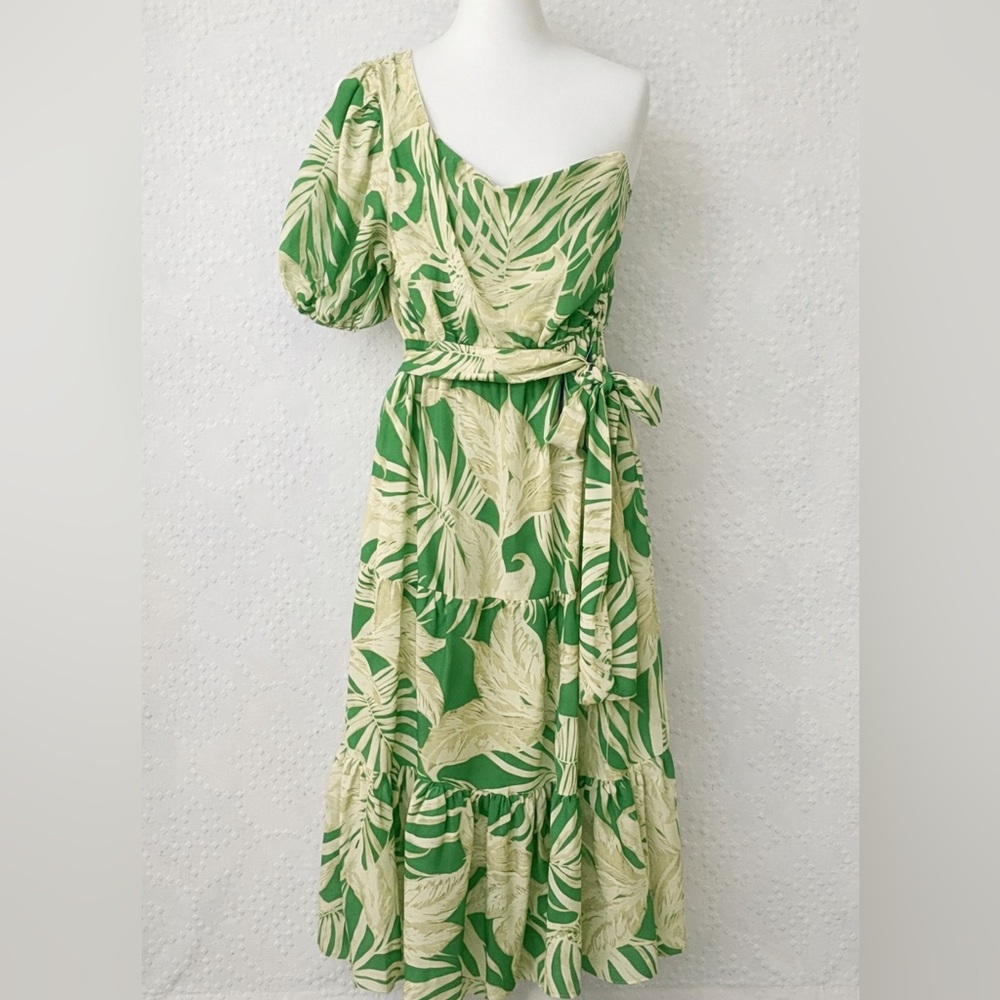 Tropical One Shoulder Midi Dress Puff Sleeve Belted Resort Vacation Chic Large